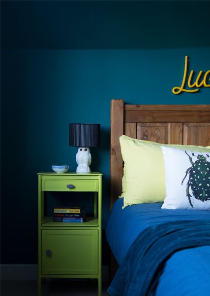 teal-blue-paint-wall-green-bedside-table