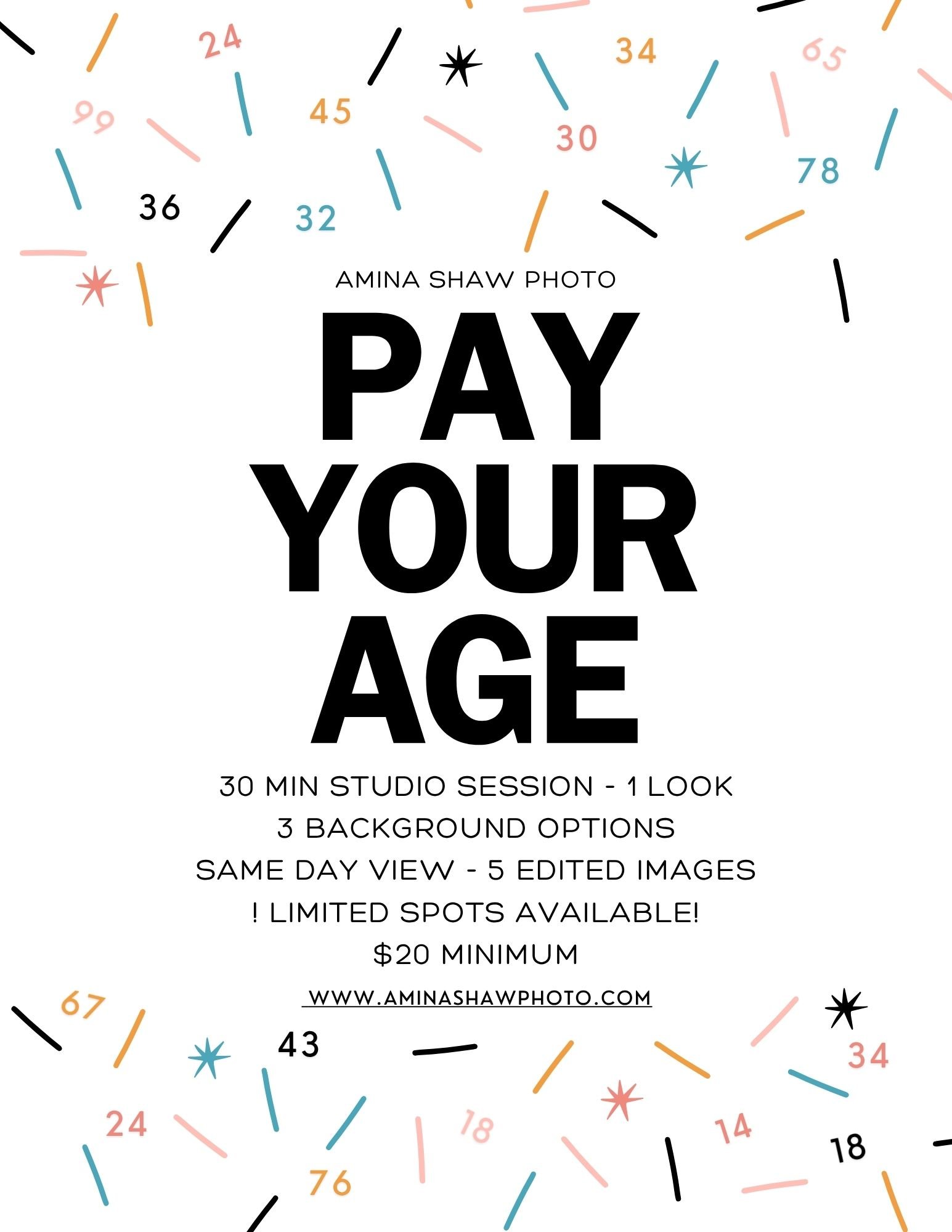 Promotional flyer for Amina Shaw Photo offering a paid photo session. Includes details about 30-minute studio session, one look, three background options, same-day edited images, limited spots, and a minimum of $20. Website link is provided.