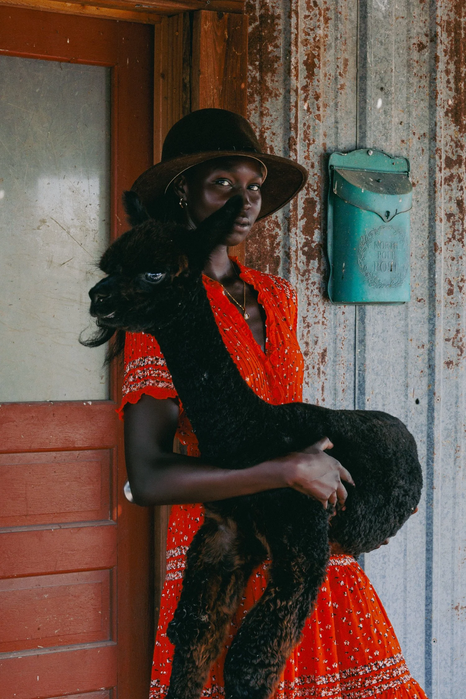 A woman wearing a large hat and a red dress with floral patterns is sitting and holding a large black and brown dog. She is making a peace sign with her fingers near her face, and they are positioned against a rustic wall with a mailbox attached.