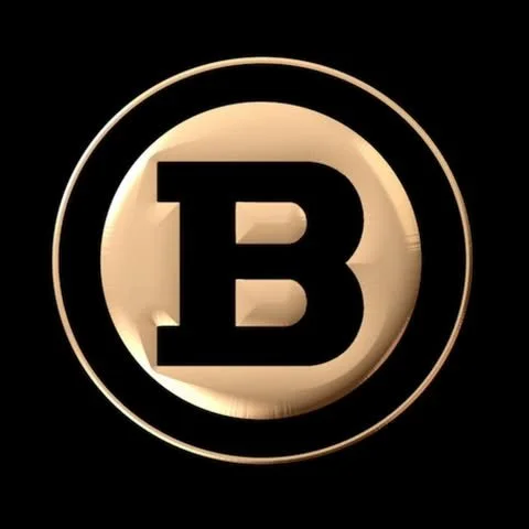 A circular logo with a black letter 'B' in the center, surrounded by a gold ring, against a black background.