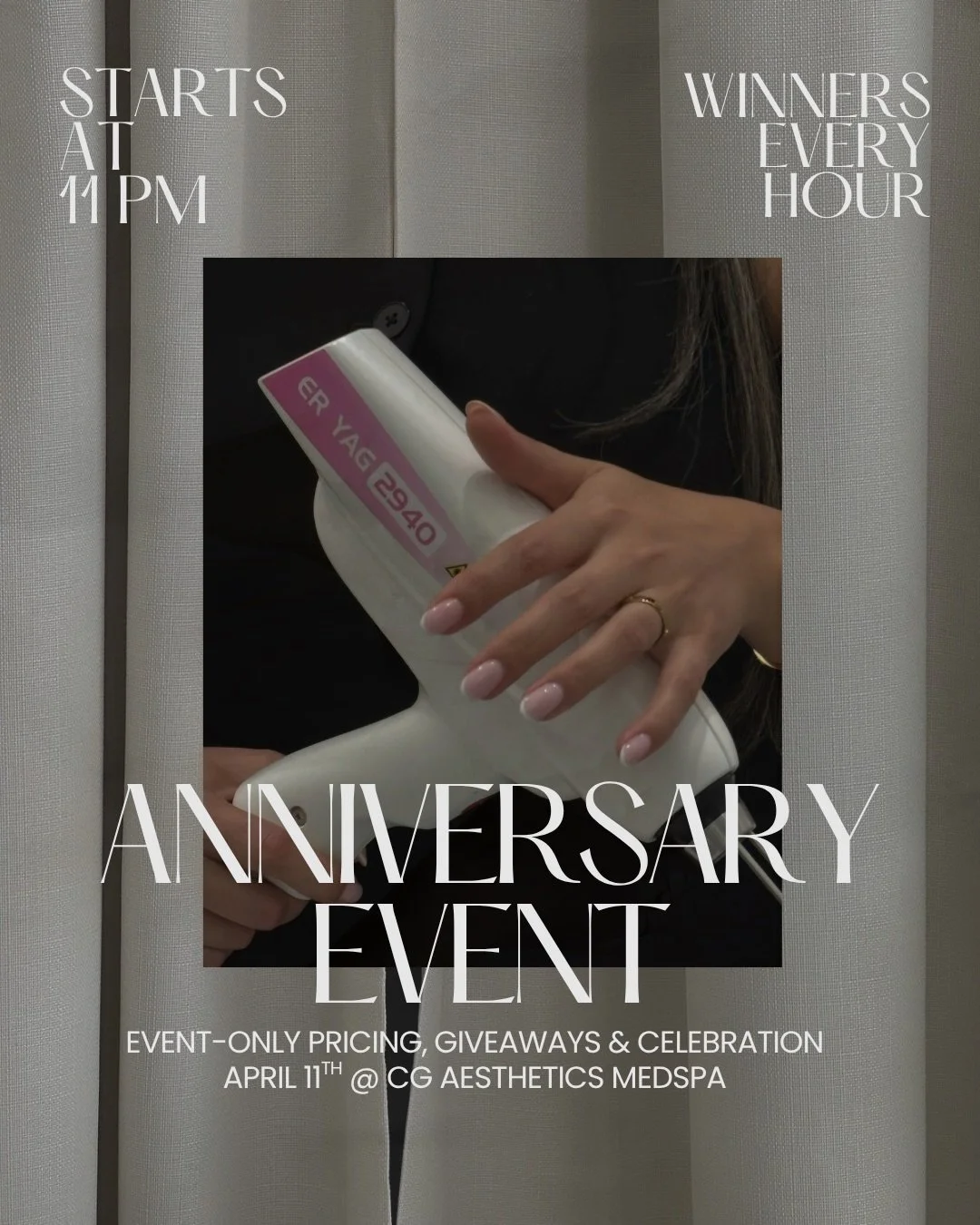 Two years of CG Aesthetics 🤍

To celebrate, we&rsquo;re hosting our 2nd Anniversary Event on April 11th from 11 AM &ndash; 3 PM and you&rsquo;re invited to join us. 🤭

Enjoy event-only pricing on select services, enter our raffle giveaway for a cha