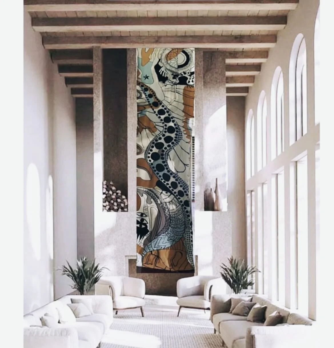 I design large bespoke pieces for villas, hotels wellness retreats. 

My paintings are symbolic, contemporary, layered with narrative and connected to the place where the art work is commissioned. 

Paint on cotton fabric - 1 metre x 6 metres 

DM fo