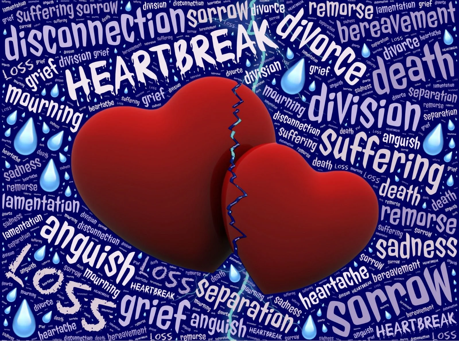Broken red heart surrounded by grief-related words symbolizing silent emotional pain and healing through IFS therapy
