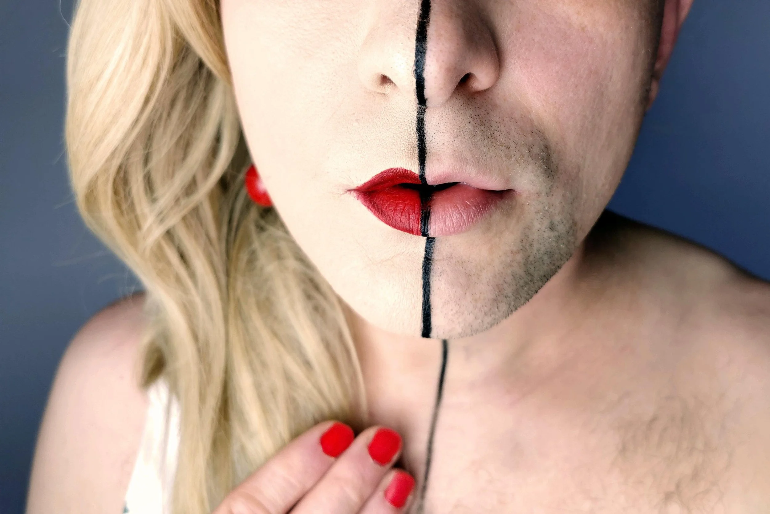 Visual representation of gender dysphoria showing contrasting masculine and feminine facial features, illustrating identity conflict and how EMDR Therapy may support emotional healing