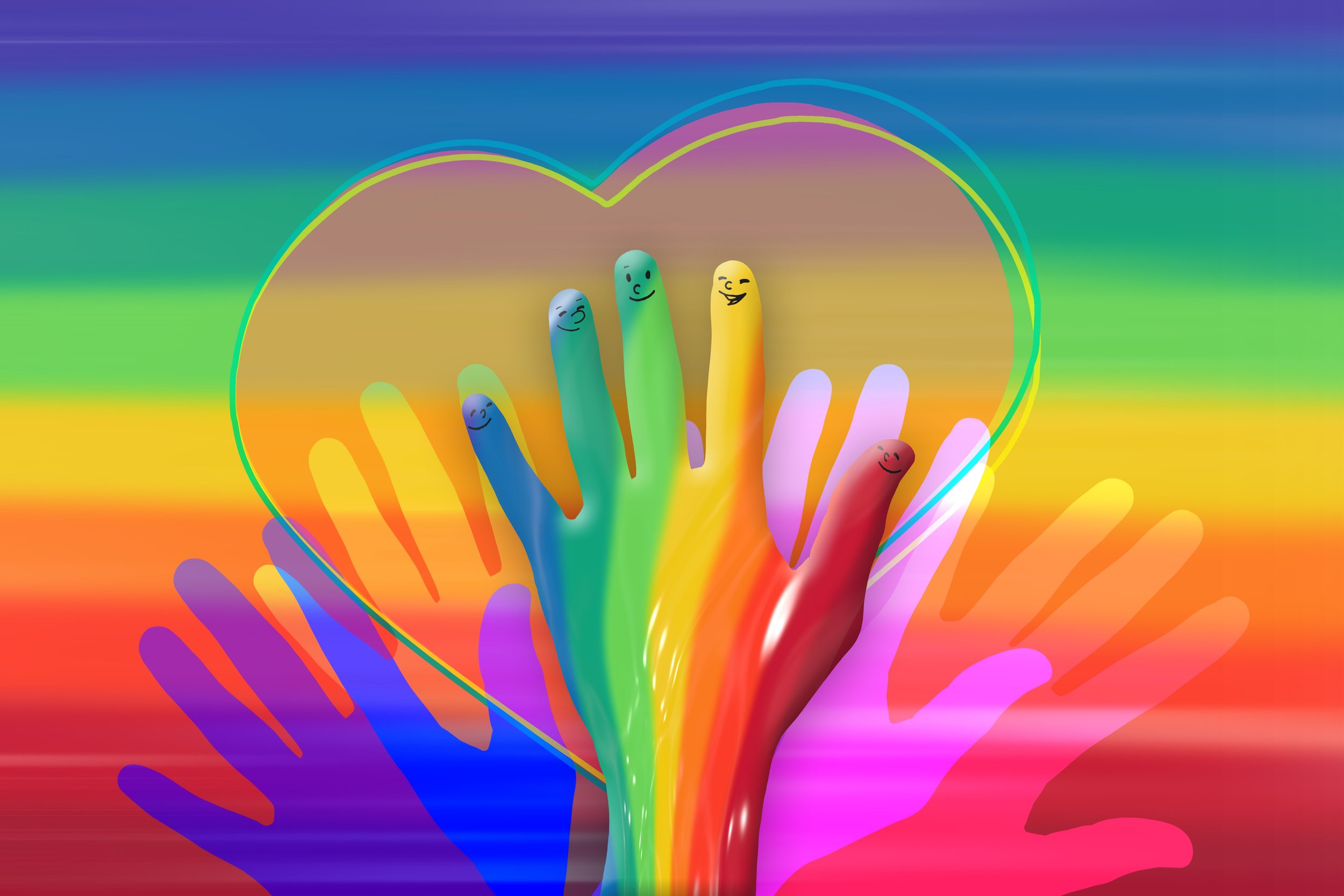 Colorful rainbow-painted hands with smiling faces inside a heart shape symbolizing LGBTQ+ pride and diversity, representing identity exploration and emotional healing through IFS therapy