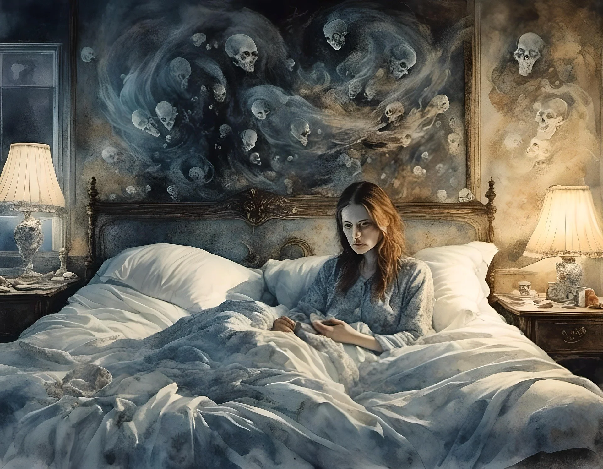 A woman sitting up in bed looking distressed and exhausted, surrounded by a swirling dark cloud of spectral skulls representing PTSD nightmares and traumatic memories