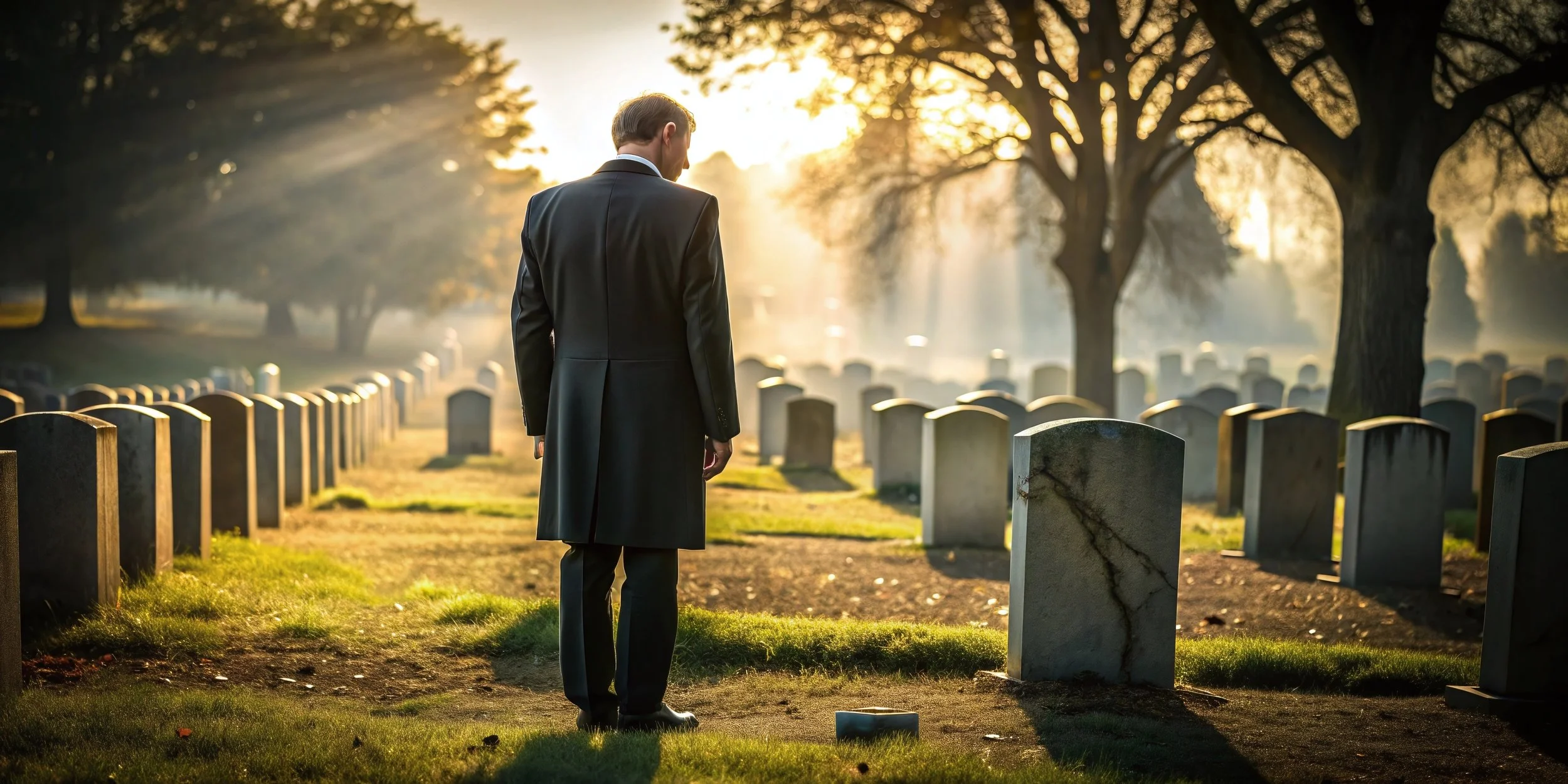 Man standing alone in a cemetery at sunrise, grieving a loved one, symbolizing loss, mourning, and complicated grief.