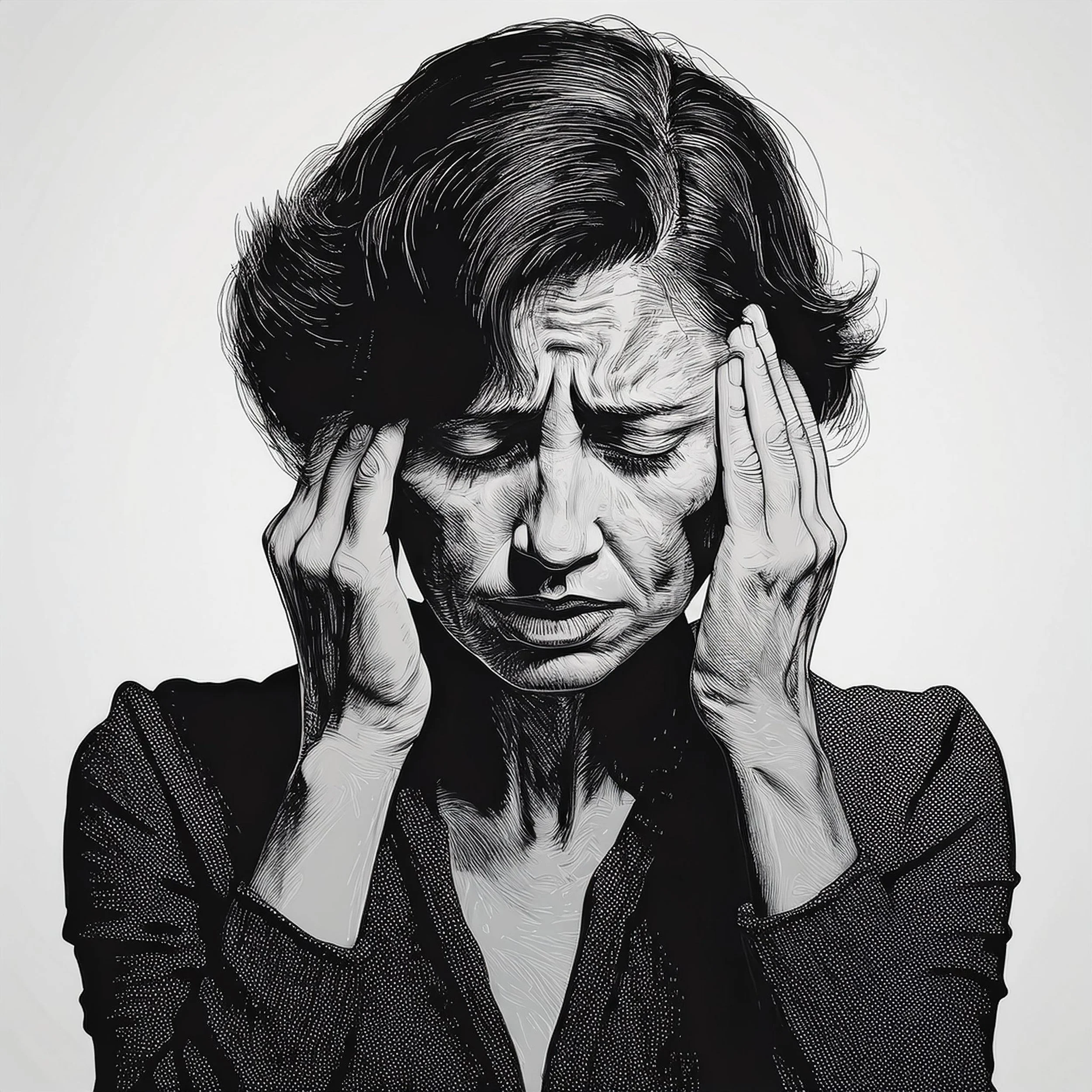 A stressed woman holding her head in frustration, symbolizing mental overload and reduced productivity, highlighting emotional struggles addressed through IFS therapy.