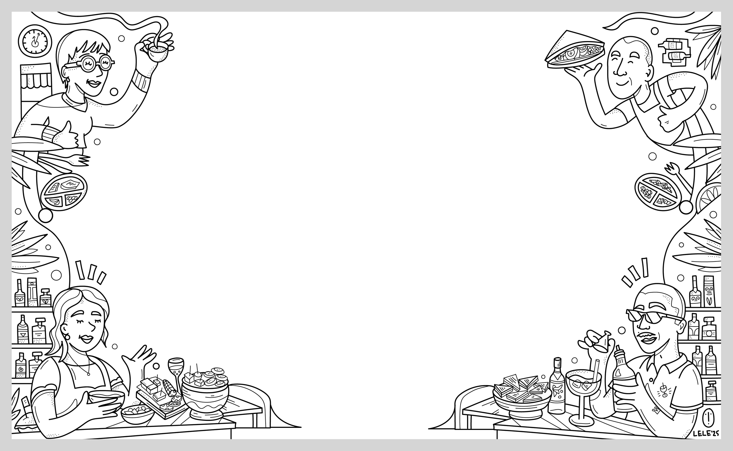 Disegno in bianco e nero di una scena di persone che mangiano e si divertono a tavola, con arredamento da ristorante, bar e cucina sullo sfondo.