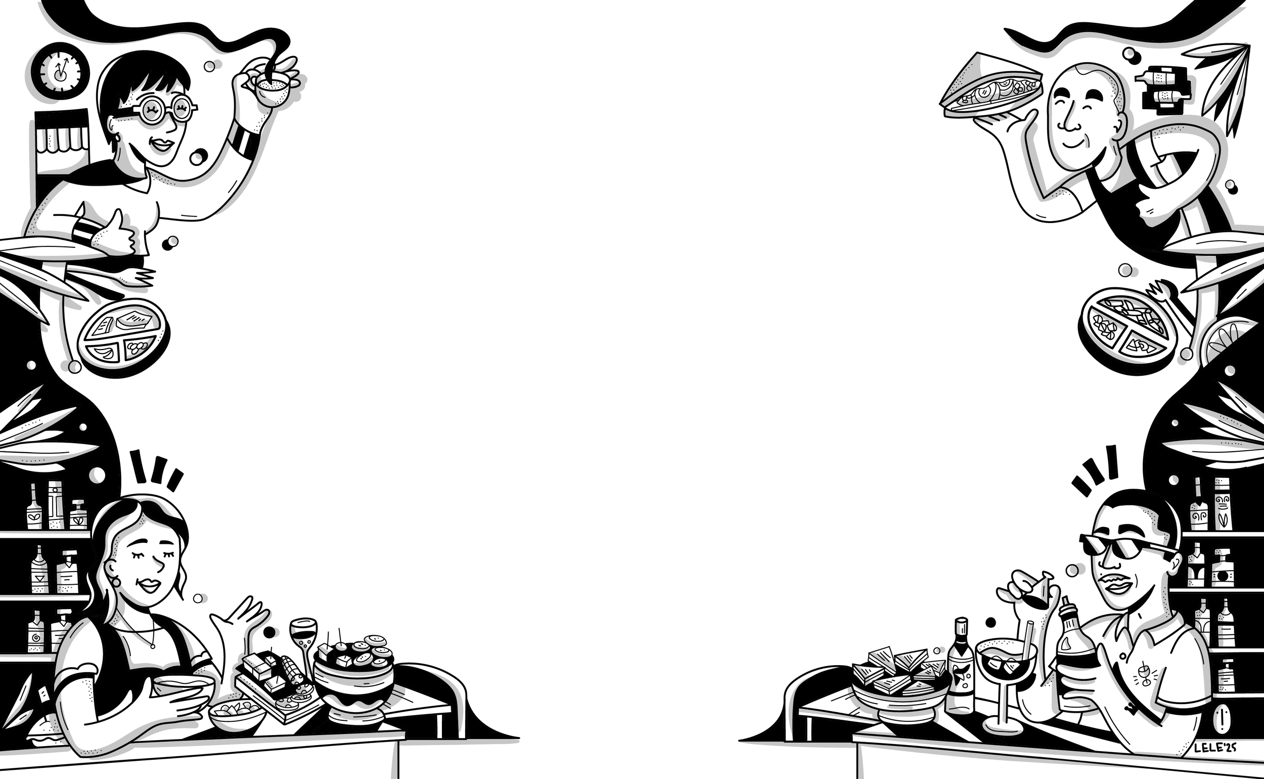 Illustrazione in bianco e nero di persone che mangiano e bevono in un ambiente festivo o di festa, con vari snack, bevande e decorazioni comiche.