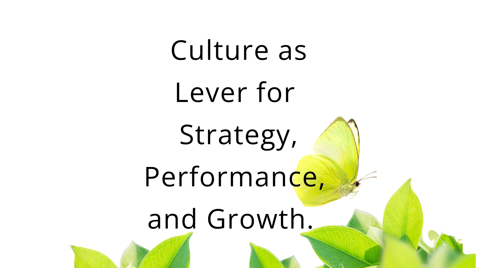 Text overlaying a background of green leaves and a yellow butterfly reads: "Culture as Lever for Strategy, Performance, and Growth".