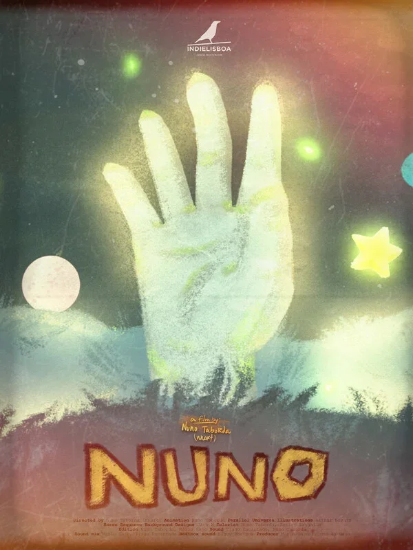 Movie poster for NUNO featuring a glowing, semi-transparent hand with three fingers raised against a space-themed background with stars, planets, and a bright green light.