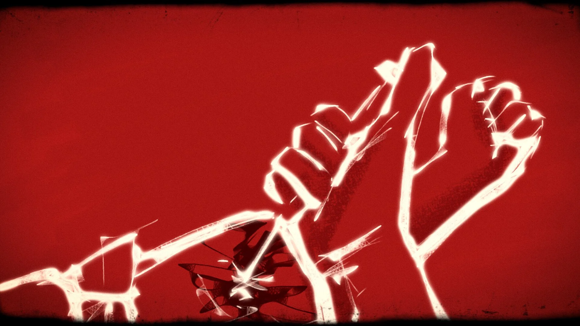 A neon-style outline of a raised fist with a red background.