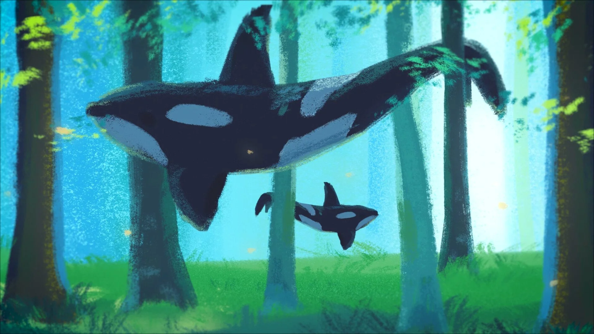 Illustration of two orcas swimming in a forest with tall trees and green grass.