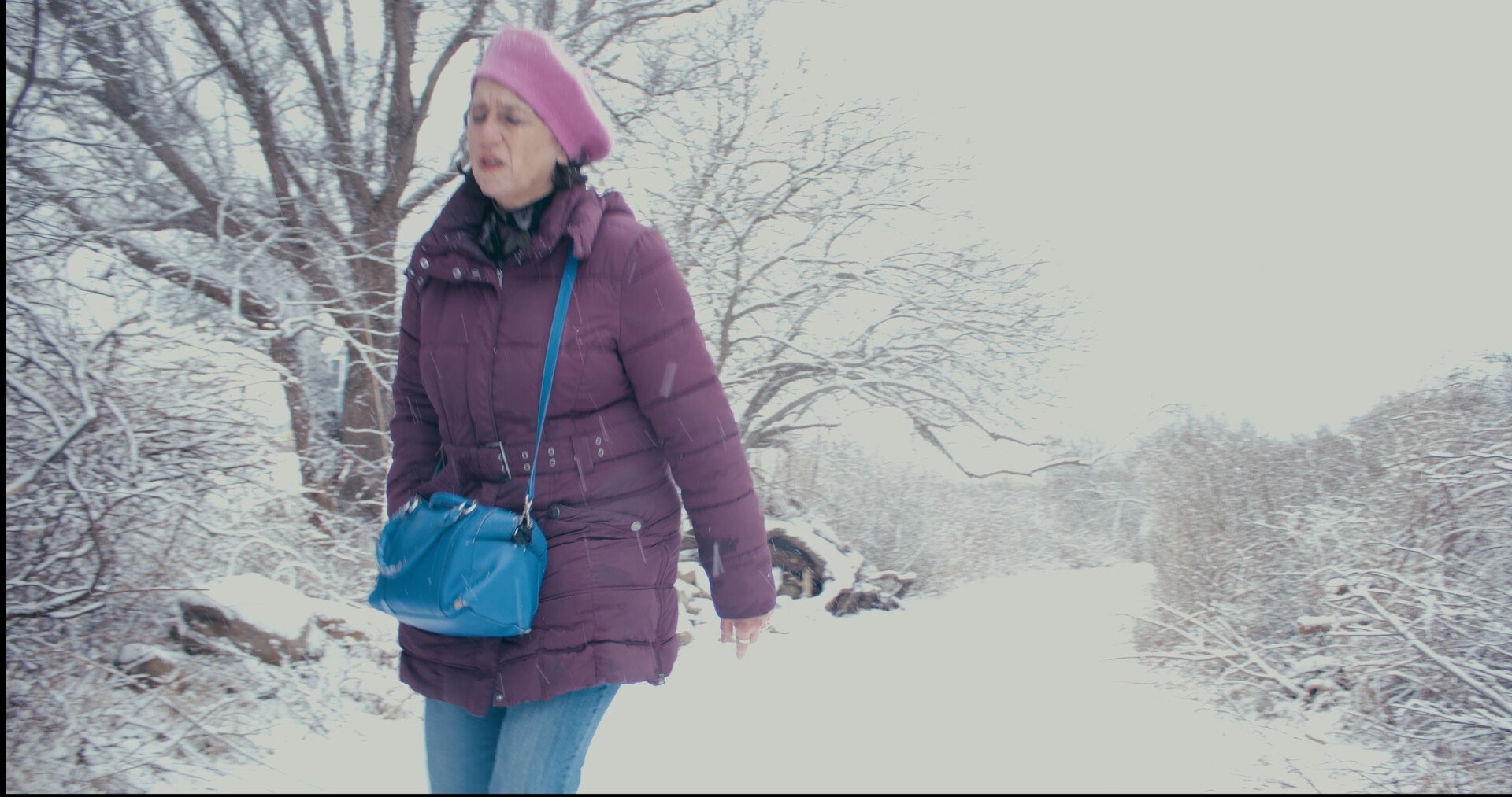 A woman wearing a purple winter coat and pink hat walking in a snow-covered landscape with bare trees.