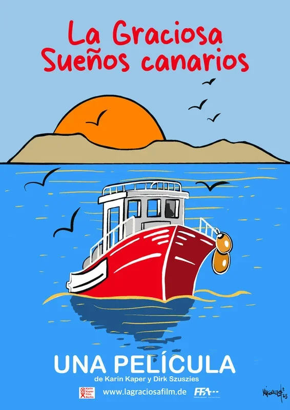 Illustration of a boat on the water with a sunset in the background and seagulls flying. The text reads "La Graciosa Sueños canarios" and "UNA PELÍCULA de Karin Kaper y Dirk Szuszies."