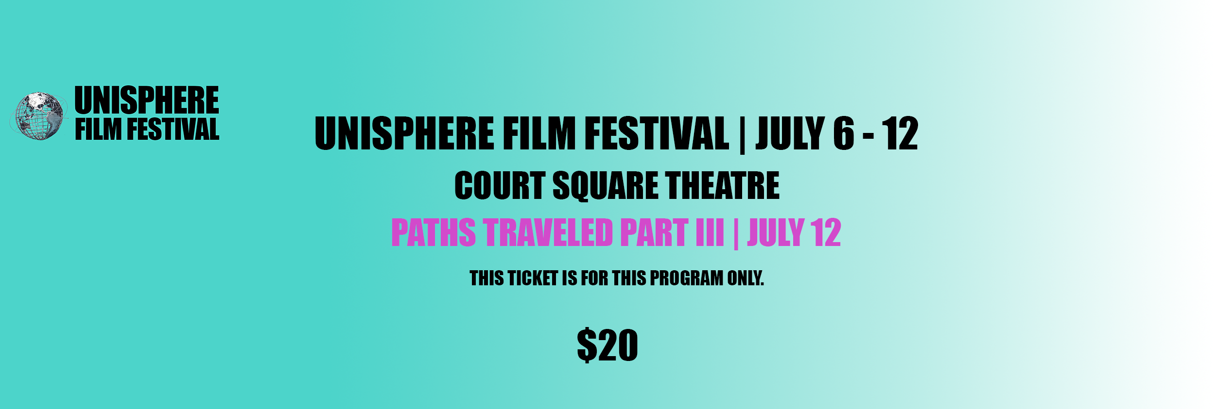 Event ticket for the UNISPHERE film festival, featuring a blue gradient background, black and purple text, a globe logo, and details of the festival dates and movie screening.