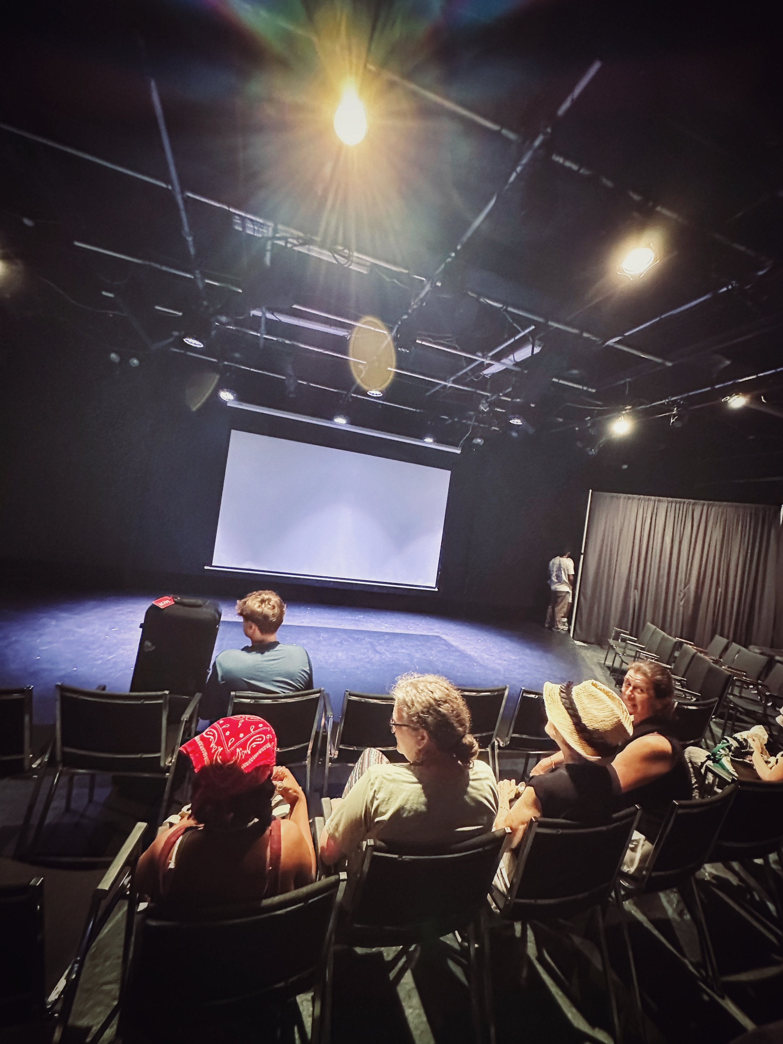 A small theater or cinema with a large projection screen, some audience members seated in chairs, and stage lighting overhead.