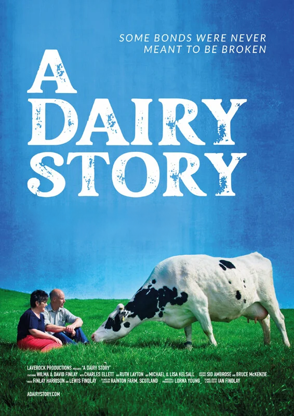 A movie poster titled 'A Dairy Story' with a cow grazing on a green field, and two people sitting nearby, under a blue sky.