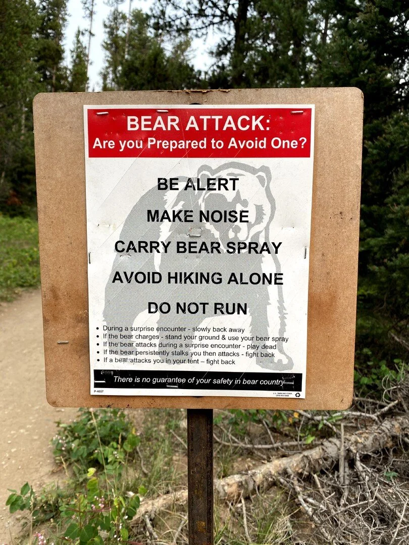 A warning sign about bear attacks in a forested area, advising to be alert, make noise, carry bear spray, avoid hiking alone, and not to run during an encounter.