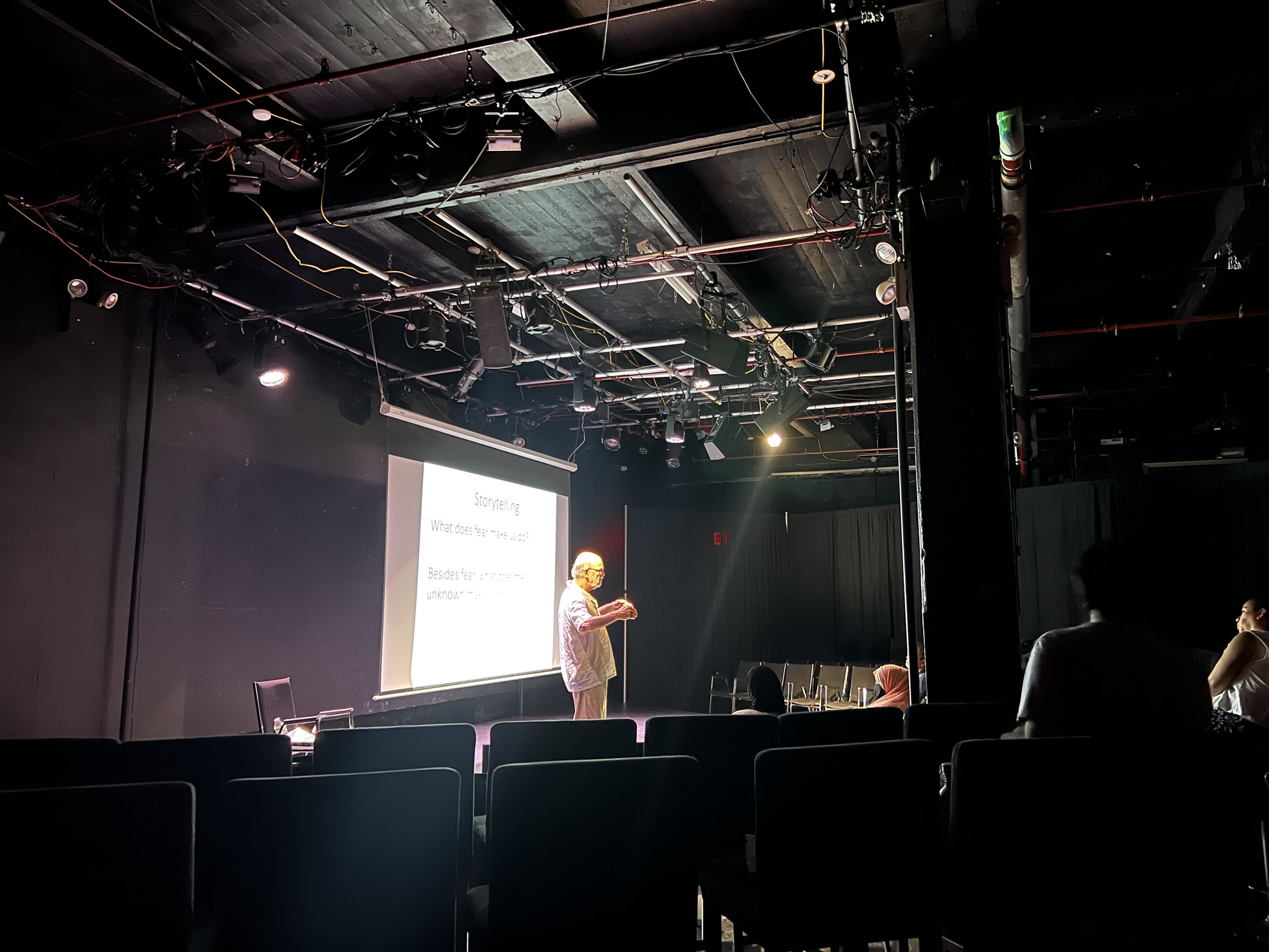A person giving a presentation in a dark auditorium with a large screen displaying slides, and a few audience members seated, some wearing headscarves.