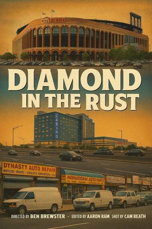 A poster for the documentary 'Diamond in the Rust' shown through an image of a stadium and a casino hotel, with auto repair shops and vans in the foreground.