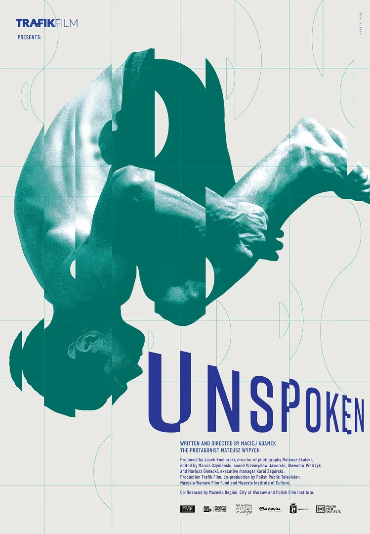Poster for a film titled 'Unspoken' featuring a digitally manipulated image of a person in a pose with their arm extended, with a shadow or reflection. The poster has a modern, abstract style with geometric lines and shapes, and text indicating it is presented by Trafik Film, written and directed by Maciej Adamek.