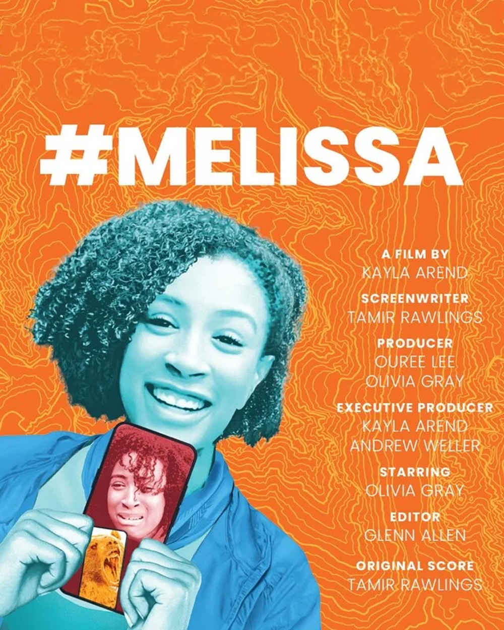 Poster for the film '#MELISSA' featuring a smiling woman with curly hair holding a phone with an image of a distressed woman and a dog on the screen, with an orange topographic map background and white text listing credits.