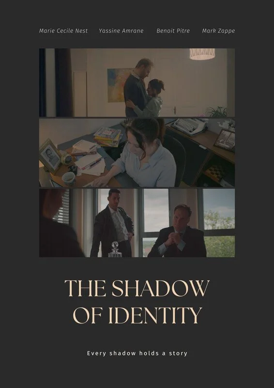 Poster for the documentary "The Shadow of Identity" featuring three images: a man and a woman talking in a living room, a woman working at a cluttered desk, and two men in a conference room, with the title and tagline "Every shadow holds a story".