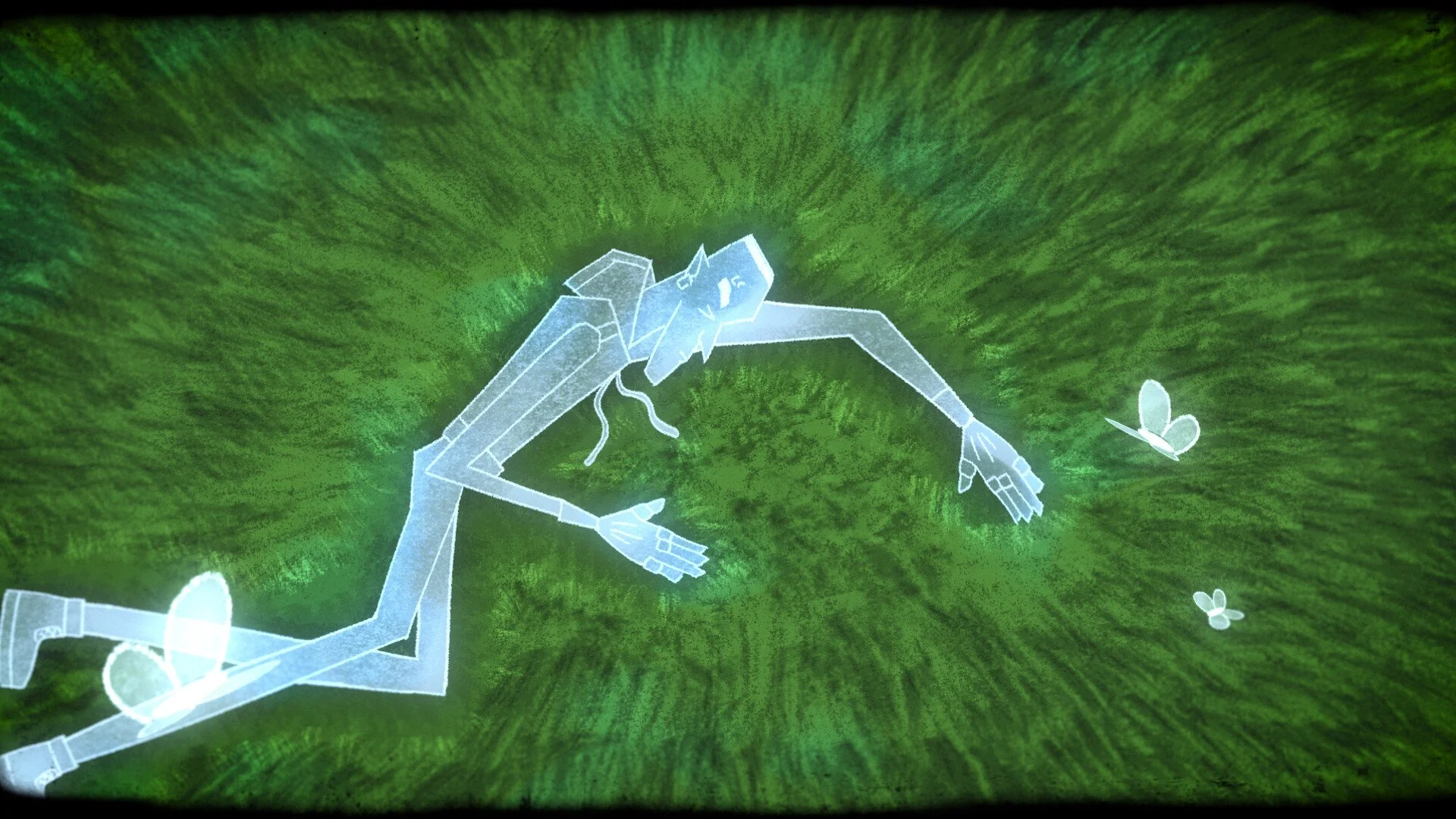 A glowing, stylized, blue outline digital drawing of a person with short hair reaching out toward flying butterflies on a vibrant green background.