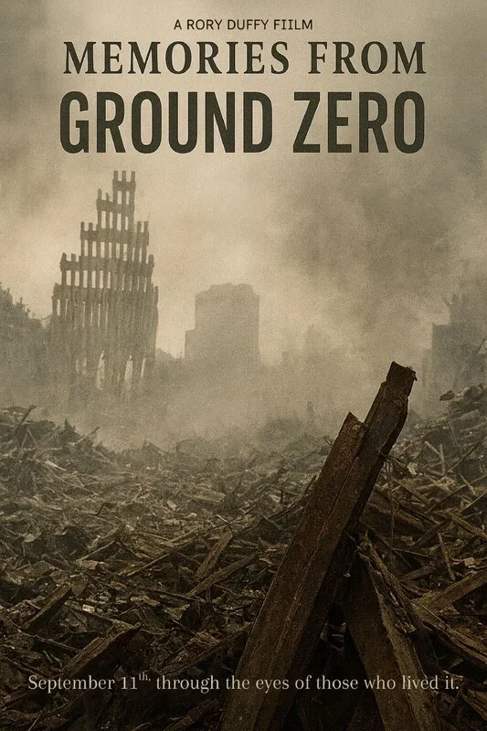 Poster for the documentary film 'Memories from Ground Zero,' directed by Rory Duffy. The poster shows a destroyed cityscape with rubble and debris, including a partially collapsed building and a tilted wooden beam in the foreground. The background depicts a smoky, overcast sky. The text indicates the film's release date as September 11th and references the perspective of those who experienced it.