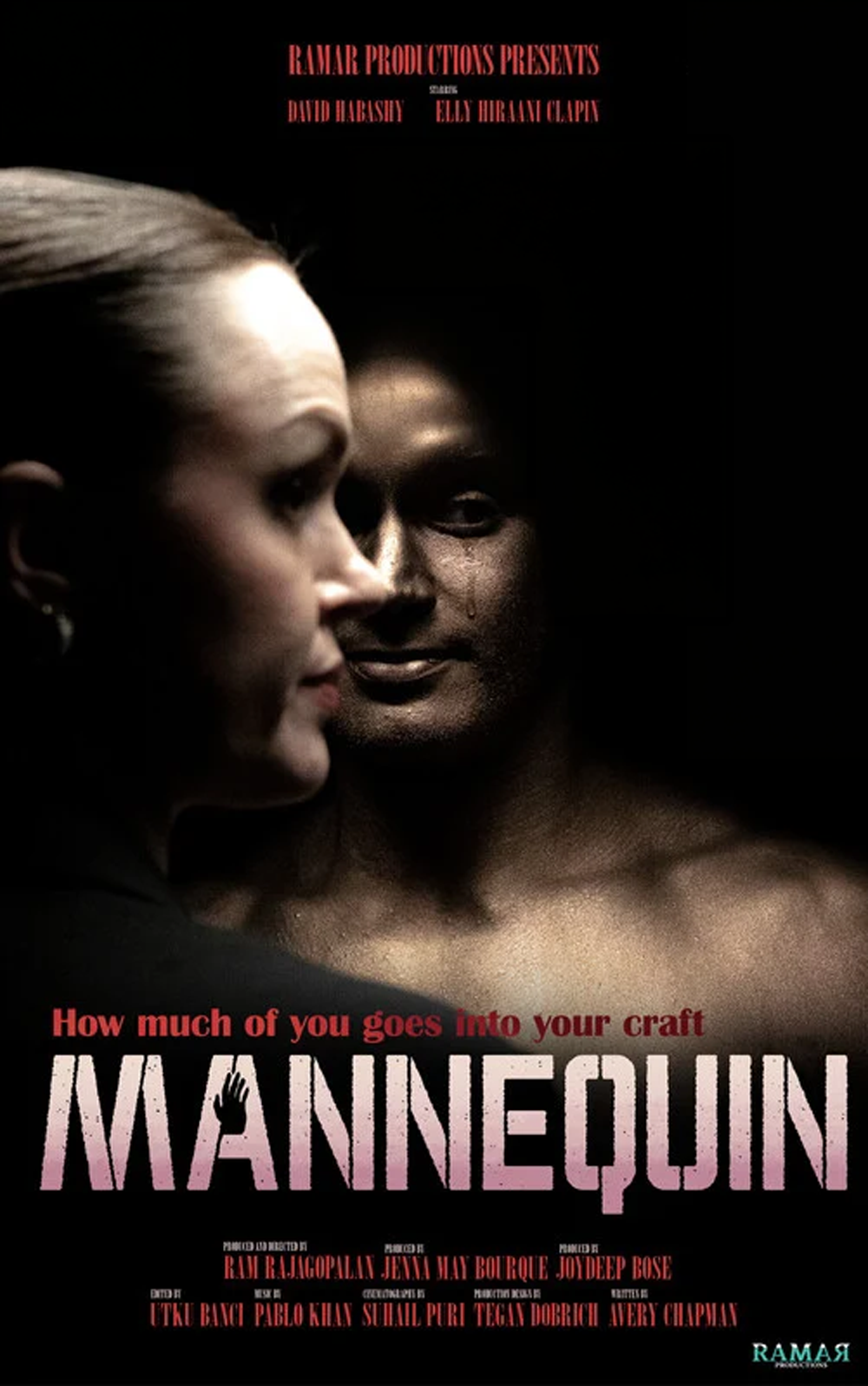 Promotional poster for the film 'Mannequin' featuring two women with dark backgrounds. One woman with blonde hair in profile, and another woman with short black hair and a tear under her eye. The title 'Mannequin' is in bold, with credits and tagline 'How much of you goes into your craft' in smaller text.