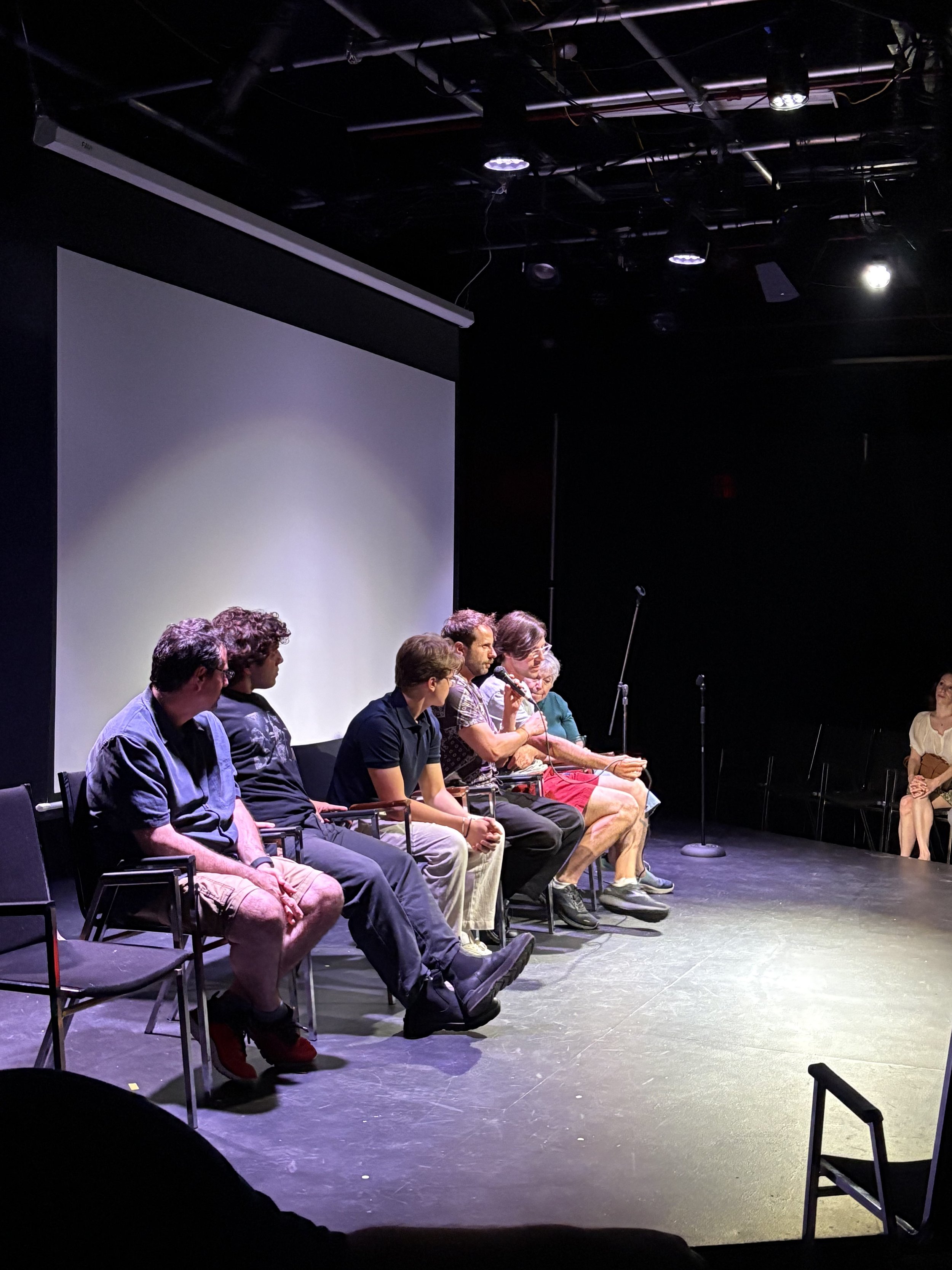A group of seven people seated on chairs on a stage, engaged in a panel discussion or presentation. There is a large blank screen behind them and a microphone stand in front of the panel. The setting appears to be in a black box theater or auditorium.
