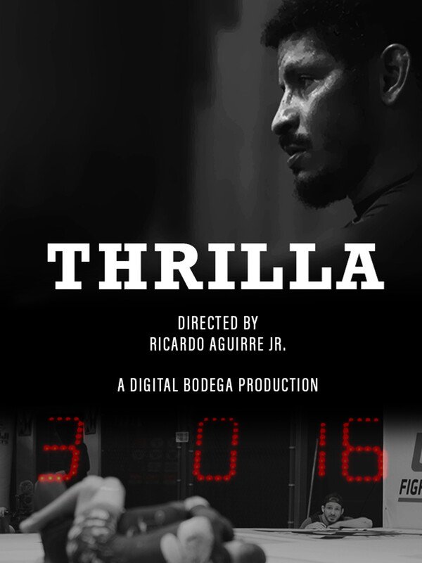 Film poster for a movie titled 'Thrilla', directed by Ricardo Aguirre Jr., featuring a serious man with short hair and a beard, with a digital scoreboard showing the numbers 3, 0, and 16 in the background.