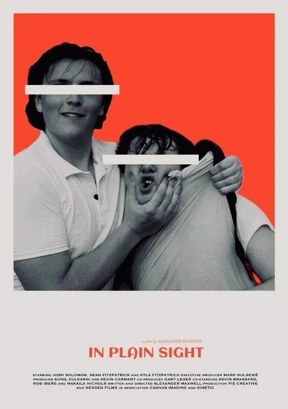 Two people with their eyes obscured by white rectangles, one of them pulling the other's shirt and making a facial expression, against a red background with promotional text at the bottom.