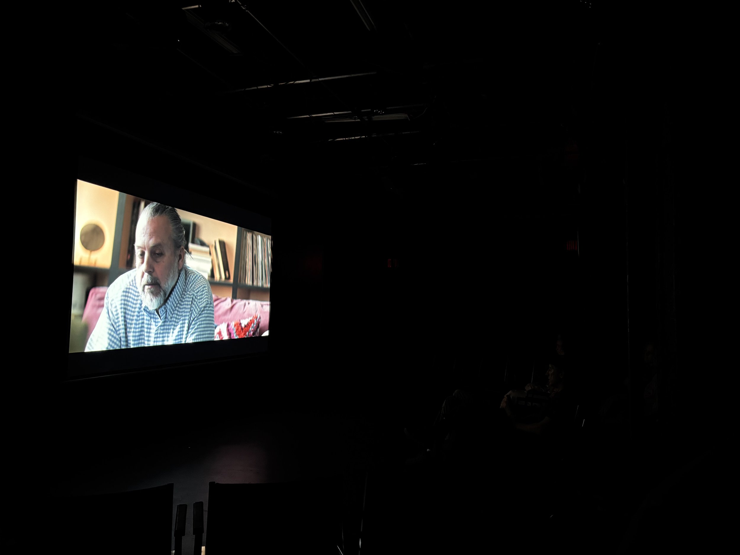A dark theater or auditorium showing a large screen with a man with gray hair and beard wearing a blue checkered shirt, sitting on a pink couch, with bookshelves in the background.
