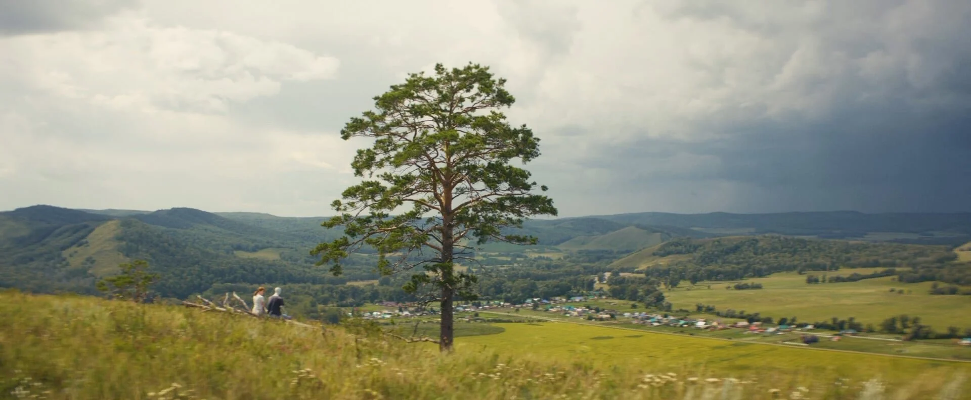 A landscape with a large tree in the foreground, rolling green hills in the background, and a cloudy sky above. Two people are sitting on the grass near the tree, overlooking a small town below.