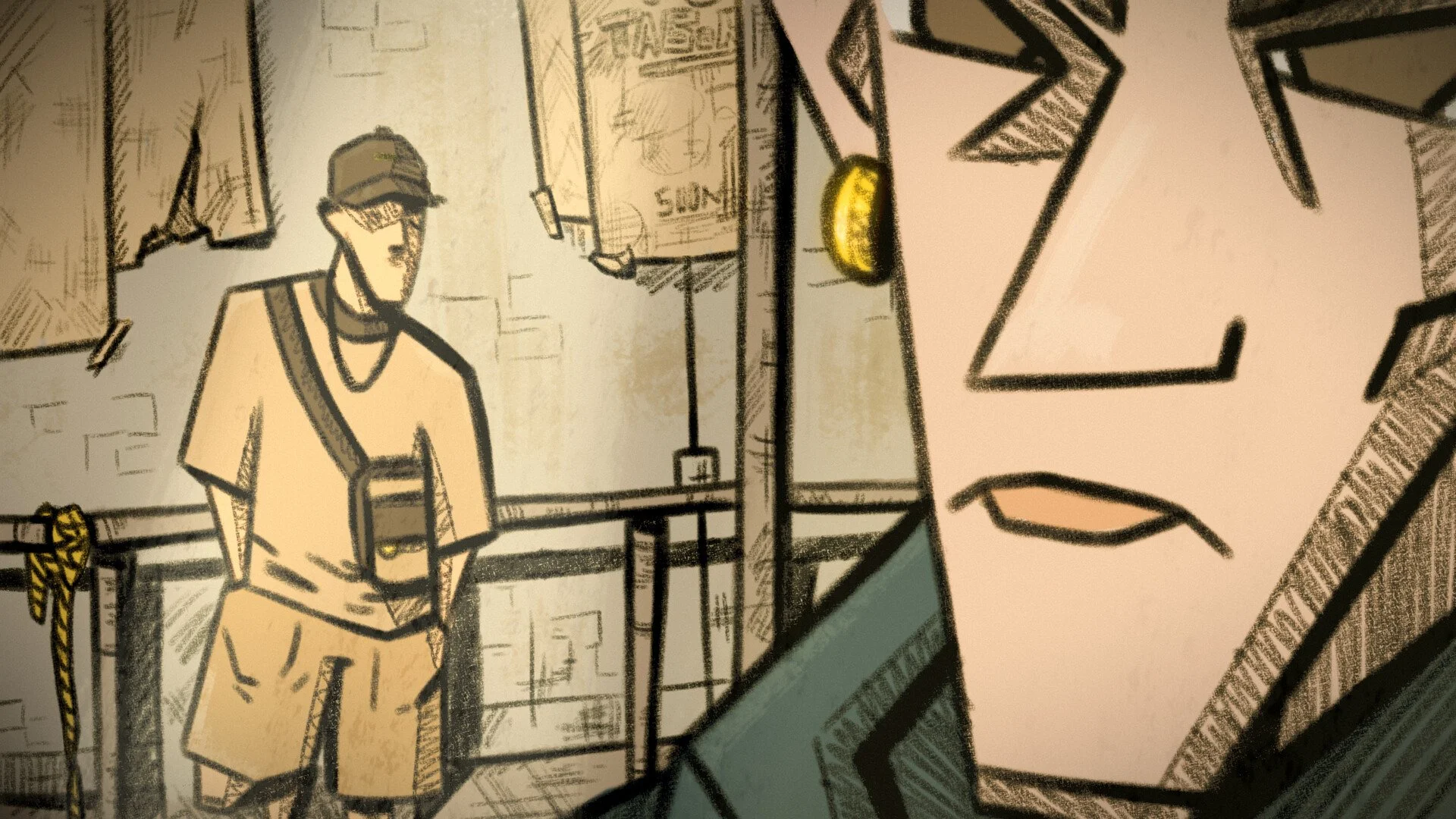 A comic-style illustration of a person wearing a baseball cap, a shoulder bag, and shorts, standing on a city street near a metal barrier. The background includes brick walls and electrical boxes.