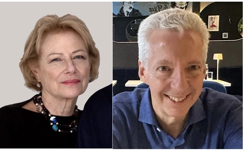 A split-screen photo showing a woman with short blonde hair, wearing a black top and a colorful necklace on the left, and a man with short gray hair, smiling and wearing a blue collared shirt on the right.