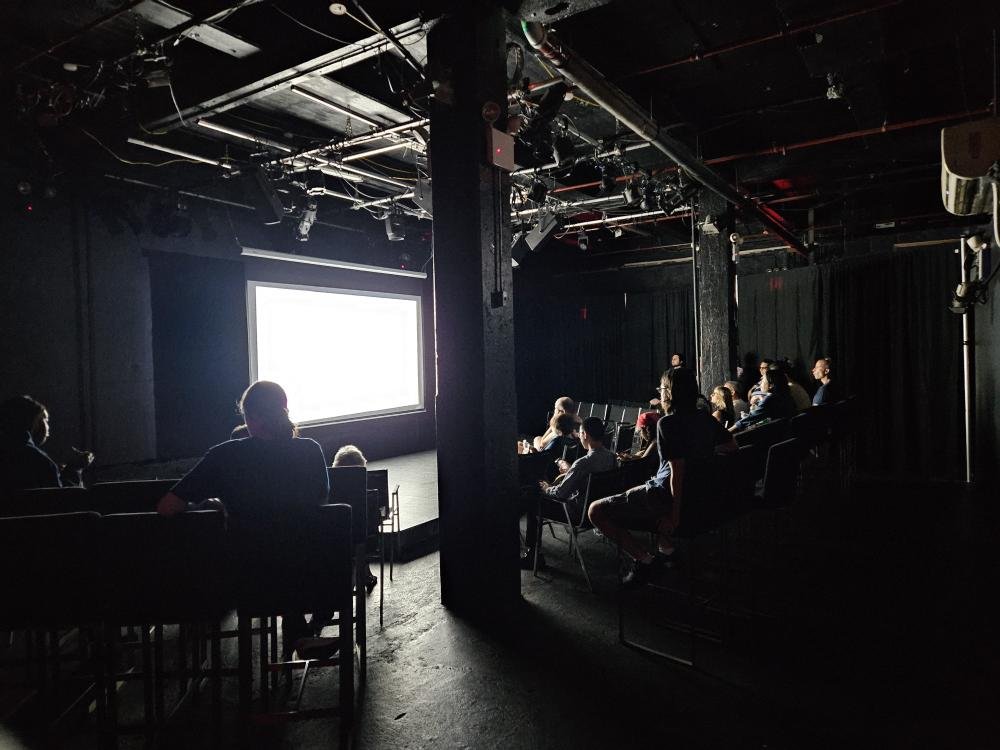 Audience watching a presentation or film in a dark theater or screening room with a large blank screen.