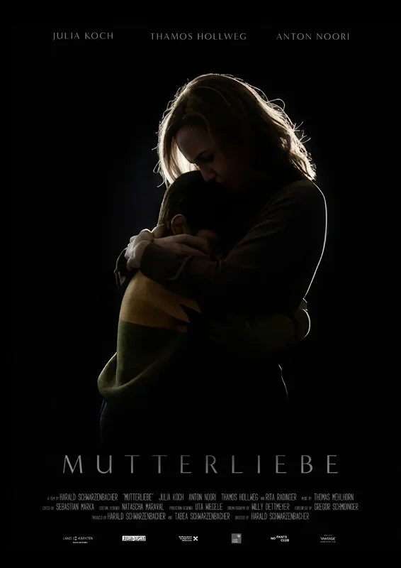 Silhouette of a woman hugging a child in a dark background, movie poster for 'Mutterliebe' with text names at the top and bottom.
