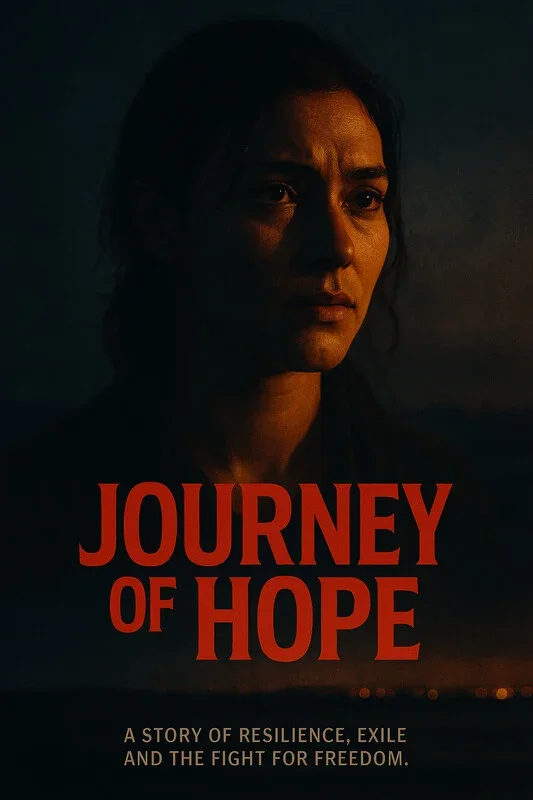 A woman with dark hair and a serious expression, looking into the distance, with a dark background. The text on the image reads 'Journey of Hope' in bold red letters, and a subtitle beneath says, 'A story of resilience, exile and the fight for freedom.'
