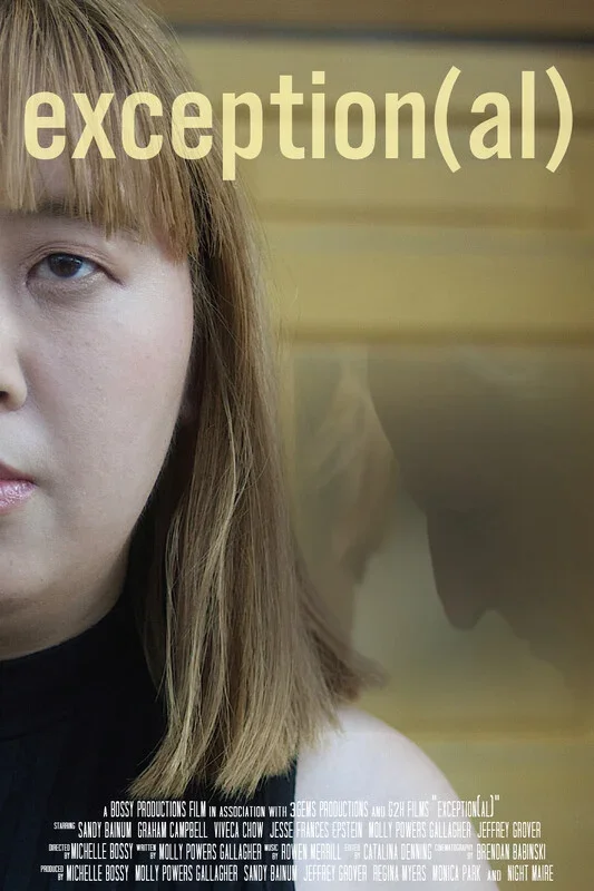 Close-up of a woman's face on the left and the title "exception(al)" in large yellow letters at the top right, with a blurred background. The image appears to be a promotional poster for a film.