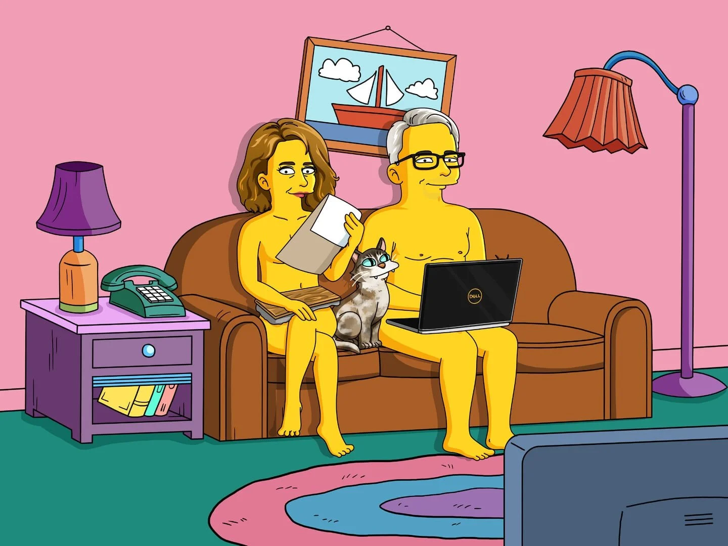 Two animated characters, a woman and a man, are sitting on a brown sofa in a living room, with a cat between them. The woman is holding a newspaper and has a laptop on her lap, while the man is also using a laptop. The room has pink walls, a purple side table with a purple lamp and a green telephone, and a purple and pink rug. A framed picture of a sailboat hangs on the wall.