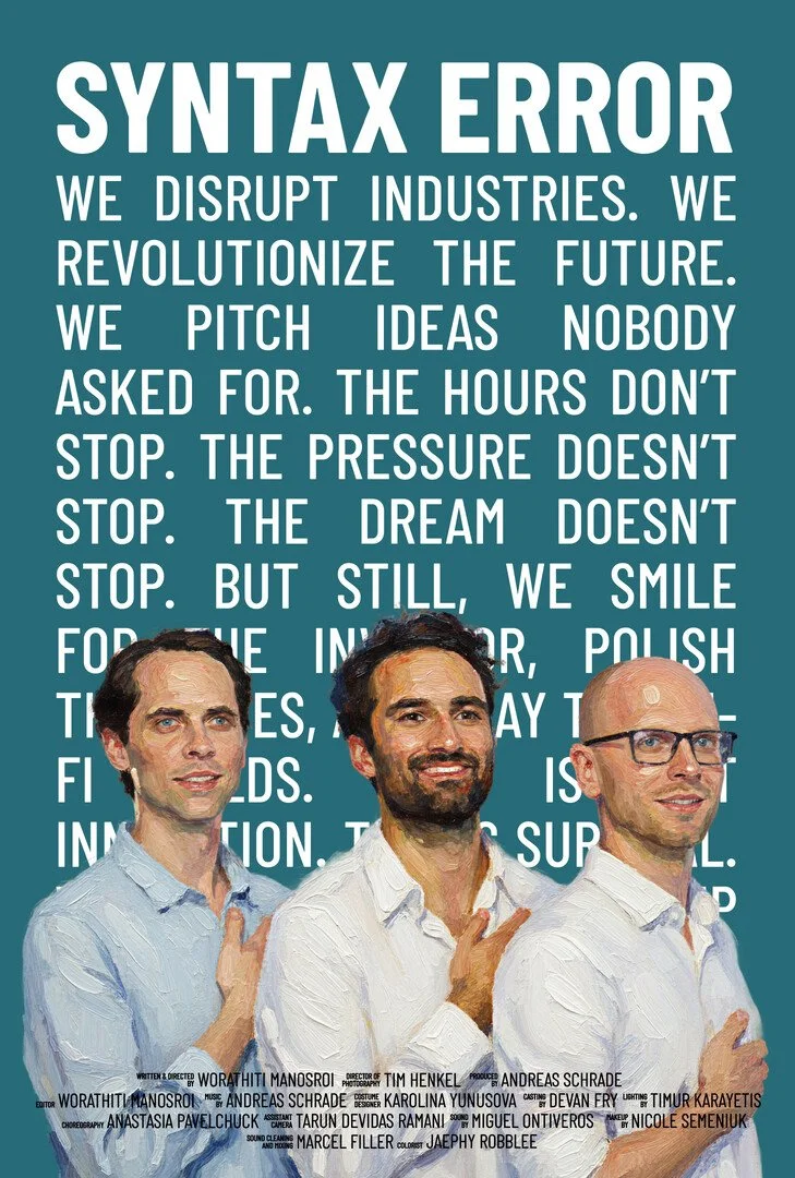 Three men in business casual attire standing in front of a large blue poster with white text about a 'Syntax Error' message, advocating for disruptive innovation and perseverance.