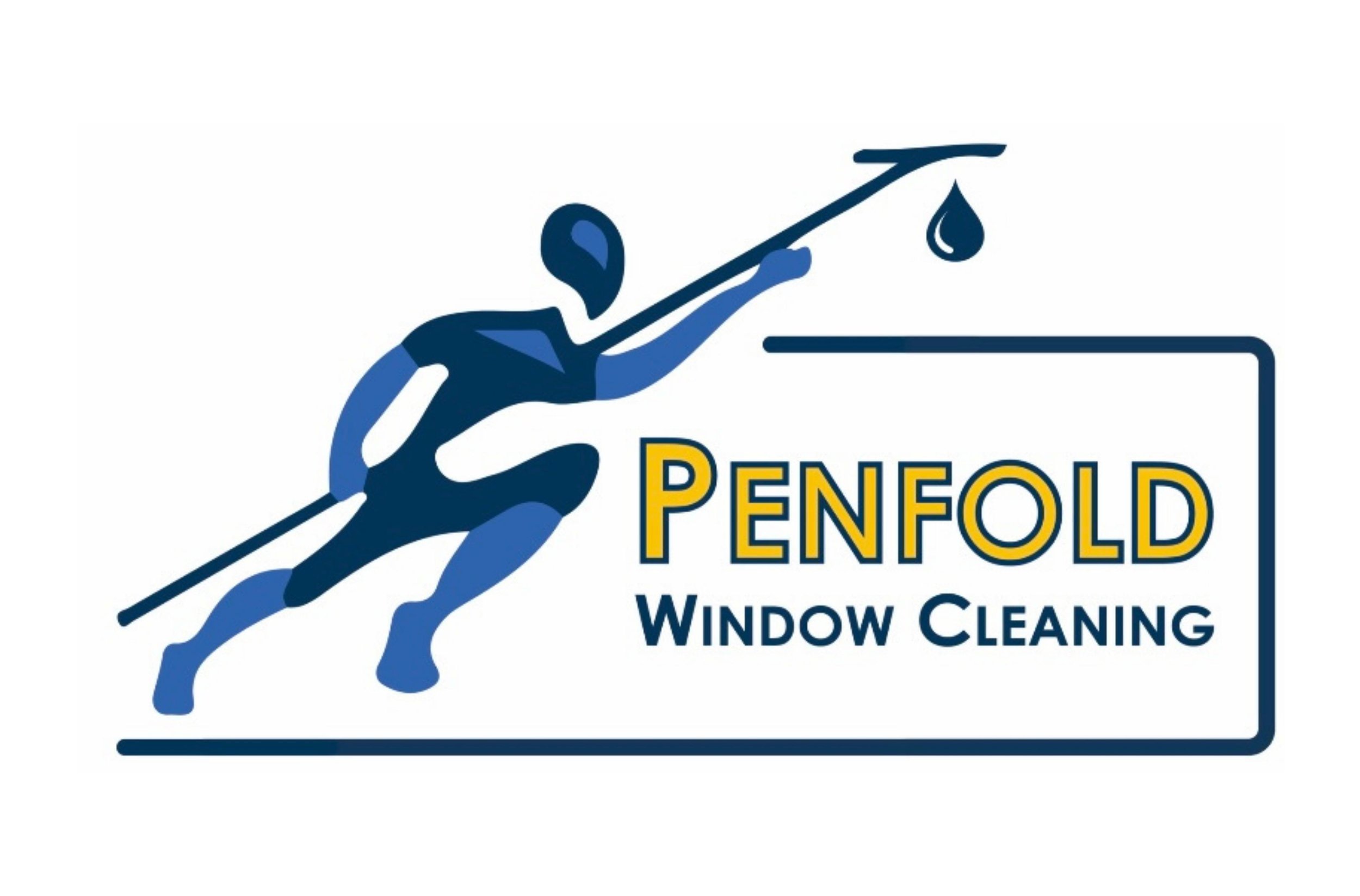 Logo for Penfold Window Cleaning featuring a blue stylized figure of a person climbing with a spear, holding a liquid droplet, and the text 'PENFOLD WINDOW CLEANING'.