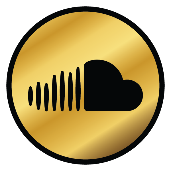 Black SoundCloud logo with a stylized cloud and sound waves on a gold circular background.