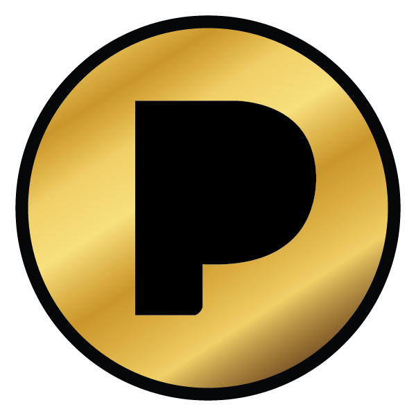 Gold circle with a black capital letter P in the center.