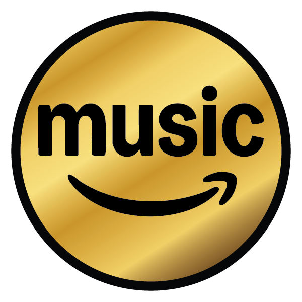 Gold circle with the Amazon Music logo, featuring the word 'music' above a curved arrow.