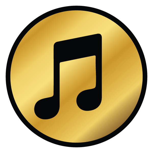 Black musical note icon on a gold circular background.